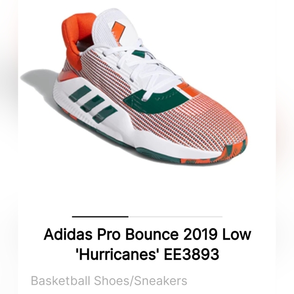 NWT Adidas USF Miami Hurricanes Basketball Pro Bounce 2019 Low Tops Size 12 Mens - Picture 13 of 16